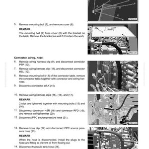 K&ouml;nnte beinhalten: Diagramm einer Demontage- und Montageprozedur f&uuml;r eine Komatsu-Steuerventilbaugruppe. Das Bild enth&auml;lt detaillierte Illustrationen zum Entfernen von Schrauben, Abdeckungen, Clips und Schl&auml;uchen, mit Beschriftungen und Teilenummern f&uuml;r jeden Schritt.