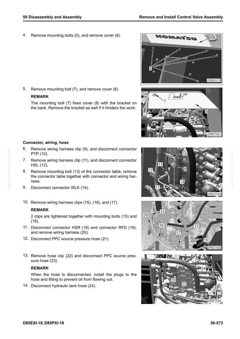 K&ouml;nnte beinhalten: Diagramm einer Demontage- und Montageprozedur f&uuml;r eine Komatsu-Steuerventilbaugruppe. Das Bild enth&auml;lt detaillierte Illustrationen zum Entfernen von Schrauben, Abdeckungen, Clips und Schl&auml;uchen, mit Beschriftungen und Teilenummern f&uuml;r jeden Schritt.