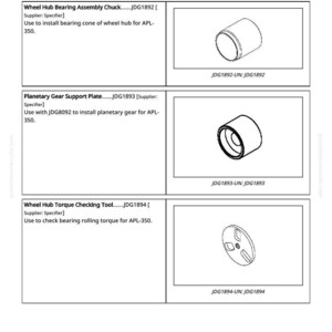 May include: Image of special tools for disassembling and assembling a front wheel drive shaft. Includes a wheel hub bearing assembly chuck, a planetary gear support plate, and a wheel hub torque checking tool. Each tool is labeled with a part number.