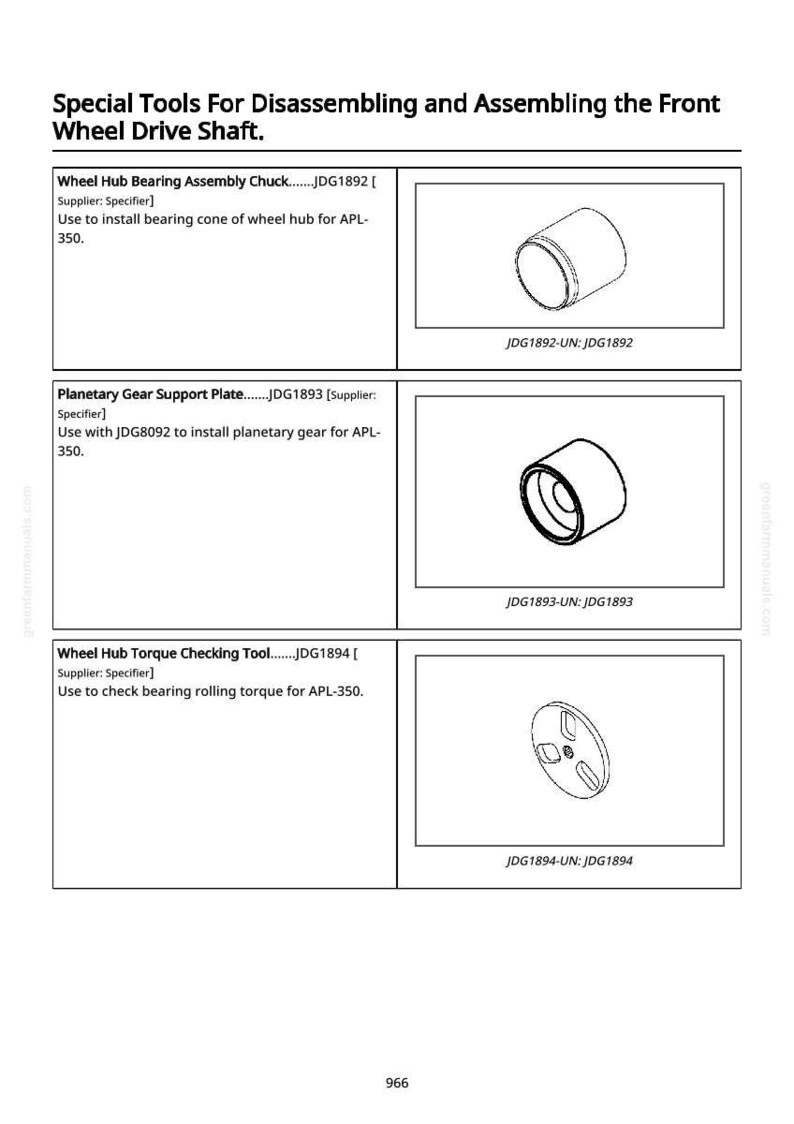 May include: Image of special tools for disassembling and assembling a front wheel drive shaft. Includes a wheel hub bearing assembly chuck, a planetary gear support plate, and a wheel hub torque checking tool. Each tool is labeled with a part number.