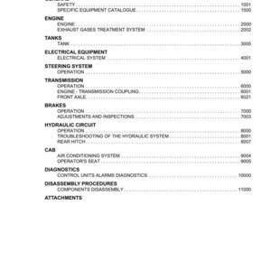 Puede incluir: Tabla de contenidos de un manual de Argo Tractors. El documento enumera secciones como General, Motor, Dep&oacute;sitos, Equipamiento el&eacute;ctrico, Sistema de direcci&oacute;n, Transmisi&oacute;n, Frenos, Circuito hidr&aacute;ulico, Cabina, Diagn&oacute;stico, Procedimientos de desmontaje y Accesorios.