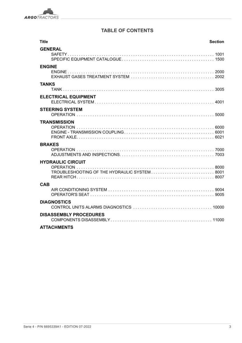 Puede incluir: Tabla de contenidos de un manual de Argo Tractors. El documento enumera secciones como General, Motor, Dep&oacute;sitos, Equipamiento el&eacute;ctrico, Sistema de direcci&oacute;n, Transmisi&oacute;n, Frenos, Circuito hidr&aacute;ulico, Cabina, Diagn&oacute;stico, Procedimientos de desmontaje y Accesorios.