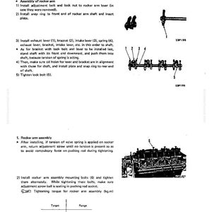 May include: A page from a manual detailing the disassembly and assembly of a rocker arm. The diagram includes numbered parts, assembly steps, and a tightening torque table. The text is in black on a white background.