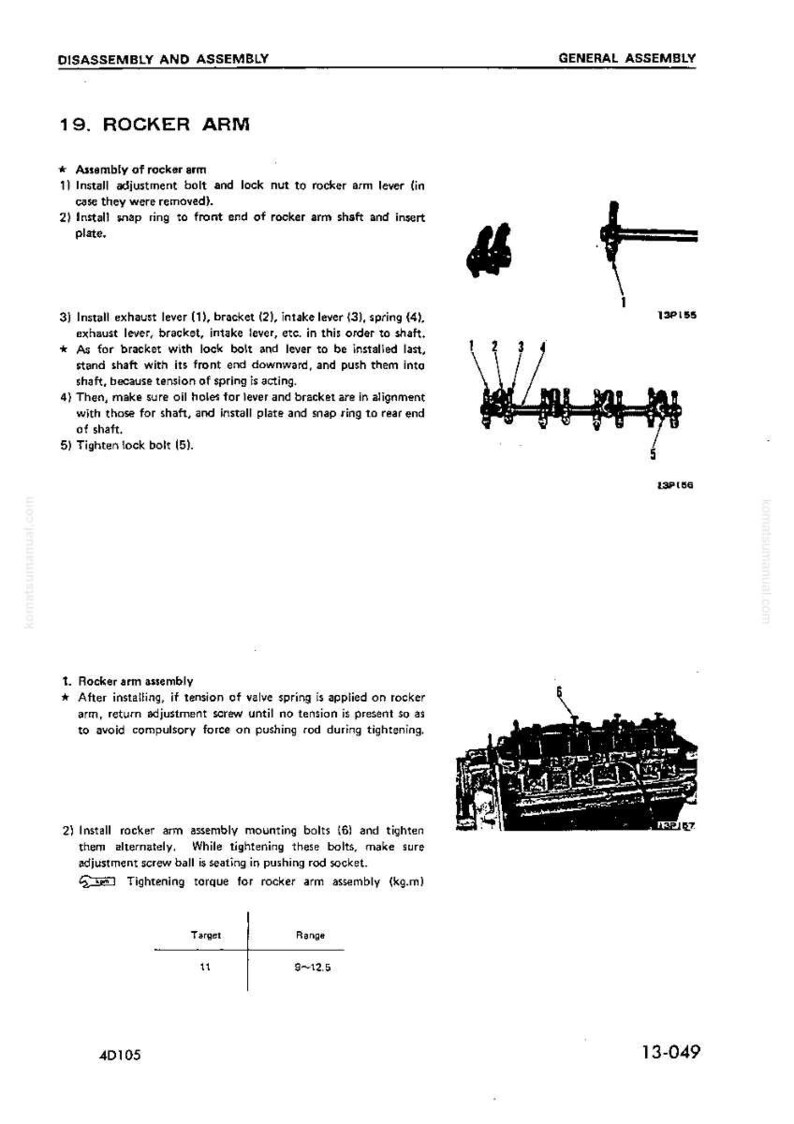 May include: A page from a manual detailing the disassembly and assembly of a rocker arm. The diagram includes numbered parts, assembly steps, and a tightening torque table. The text is in black on a white background.