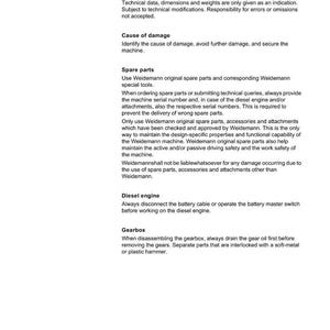 May include: A page from a repair manual titled "Repair instructions." The text covers technical data, damage causes, spare parts, diesel engine, and gearbox. The page is white with black text, typical of technical documentation.