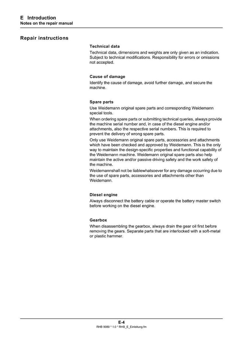 May include: A page from a repair manual titled "Repair instructions." The text covers technical data, damage causes, spare parts, diesel engine, and gearbox. The page is white with black text, typical of technical documentation.