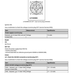 May include: Technical diagram of a 9-pin service plug, LX1025890, with a circular connector and pin markings. Text provides instructions for voltage checks on power supply and CAN BUS connections, with voltage specifications in volts.