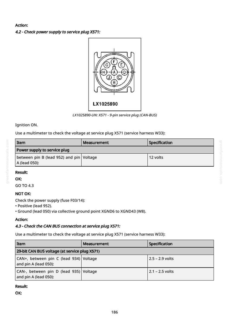 May include: Technical diagram of a 9-pin service plug, LX1025890, with a circular connector and pin markings. Text provides instructions for voltage checks on power supply and CAN BUS connections, with voltage specifications in volts.