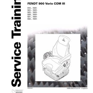 Op de afbeelding: Een diagram van een FENDT-bestuurdersstoel, model 900 Vario COM III, met de tekst "Service Training" in grote, verticale letters. De afbeelding bevat het FENDT-logo en tekst met de kenmerken en modelinformatie van de stoel.
