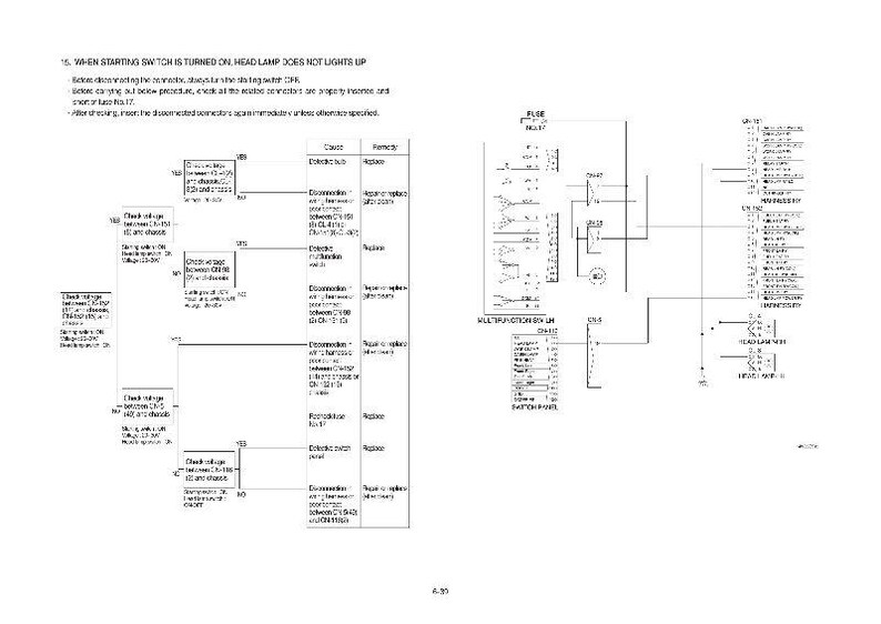 Pu&ograve; includere: Un diagramma schematico in bianco e nero con testo, tra cui "WHEN STARTING SWITCH IS TURNED ON HEAD LAMP DOES NOT LIGHTS UP". Il diagramma include simboli elettrici e percorsi di cablaggio, probabilmente per la riparazione automobilistica.