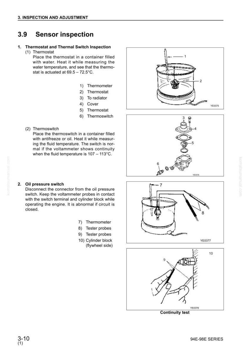 Puede incluir: Diagrama de los procedimientos de inspecci&oacute;n del sensor, incluyendo la prueba del termostato y del interruptor t&eacute;rmico. La imagen muestra un term&oacute;metro, un termostato y sondas de prueba, con etiquetas de texto e ilustraciones. La temperatura es en grados Celsius.