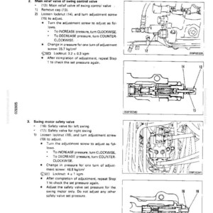 May include: Technical diagram of a swing control valve and swing motor safety valve, with detailed instructions for adjustment. Includes diagrams of valve components and adjustment procedures, with measurements in kg/cm&sup2; and kgm.