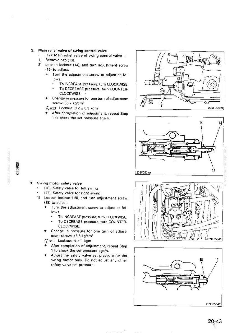 May include: Technical diagram of a swing control valve and swing motor safety valve, with detailed instructions for adjustment. Includes diagrams of valve components and adjustment procedures, with measurements in kg/cm&sup2; and kgm.