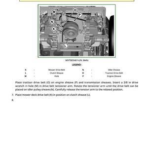 May include: Diagram of a mower belt system with labels and instructions. The image includes a caution warning and a detailed view of the belt arrangement, with labels for key components like the mower drive belt and clutch sheave.