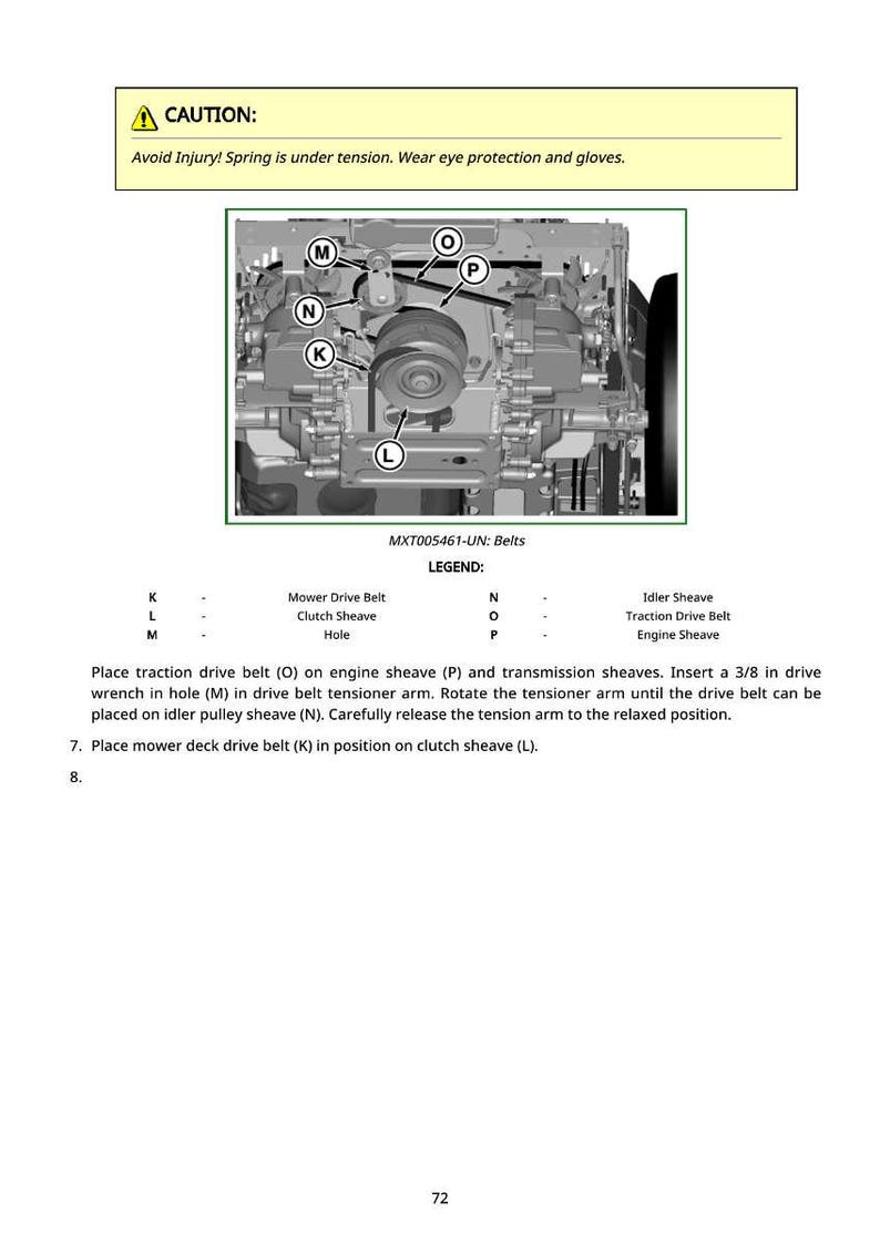 May include: Diagram of a mower belt system with labels and instructions. The image includes a caution warning and a detailed view of the belt arrangement, with labels for key components like the mower drive belt and clutch sheave.