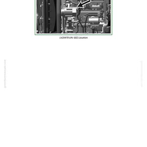Pode incluir: Diagrama t&eacute;cnico em tons de cinza de um componente do motor, com os textos "LV24631-UN: G02 Location Overview" e "LV25470-UN: G02 Location". Uma seta indica uma parte espec&iacute;fica do motor.