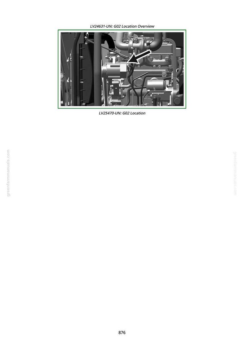 Pode incluir: Diagrama t&eacute;cnico em tons de cinza de um componente do motor, com os textos "LV24631-UN: G02 Location Overview" e "LV25470-UN: G02 Location". Uma seta indica uma parte espec&iacute;fica do motor.