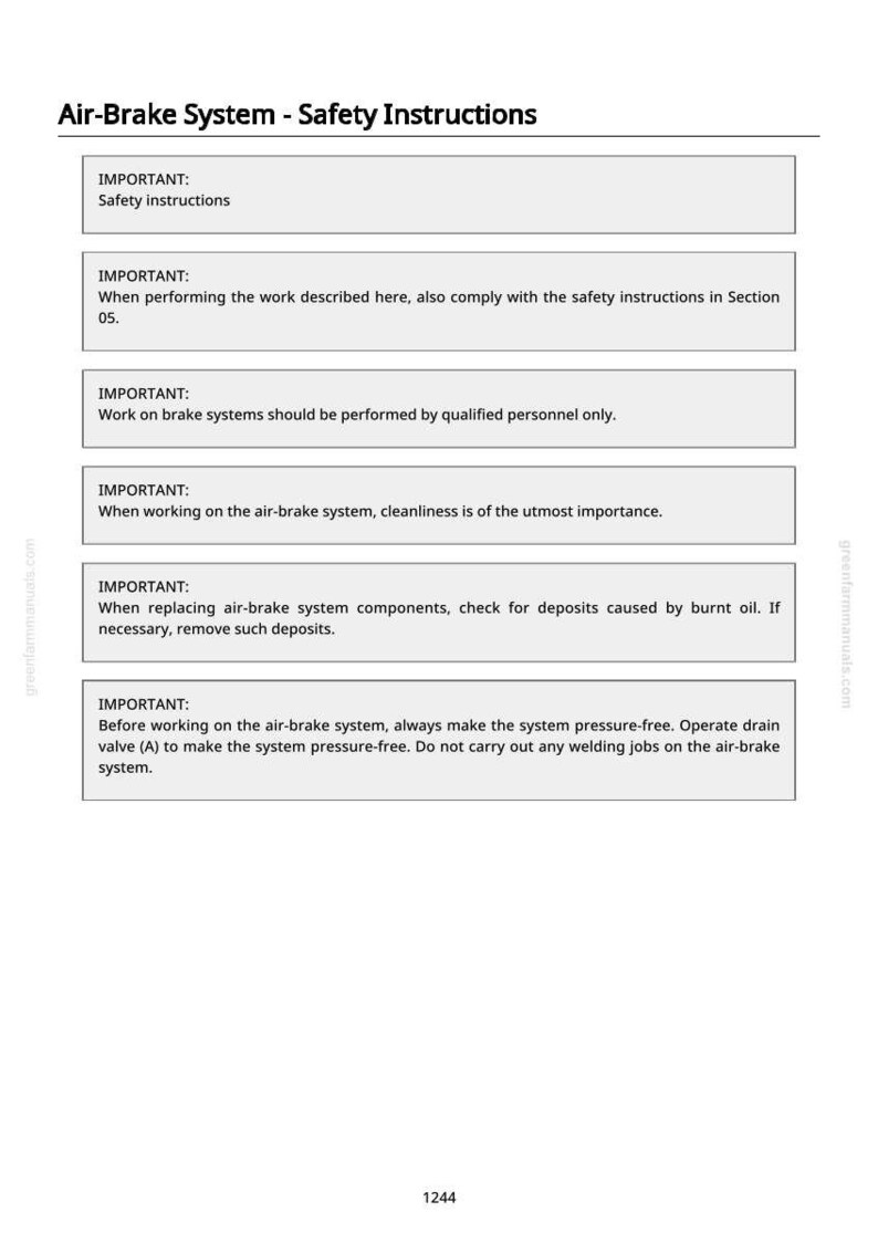May include: A white document titled "Air-Brake System - Safety Instructions" with safety guidelines. Text includes instructions on safety, qualified personnel, cleanliness, and system pressure. The document is from greenfarmmanuals.com.