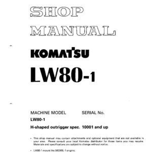 K&ouml;nnte beinhalten: Ein wei&szlig;es Werkstatthandbuch mit dem Titel "SHOP MANUAL" und der Marke "KOMATSU" in fetter schwarzer Schrift. Die Modellnummer "LW80-1" ist ebenfalls deutlich sichtbar. Das Handbuch enth&auml;lt technische Spezifikationen.