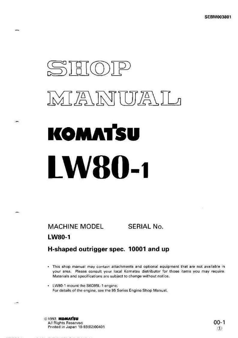 K&ouml;nnte beinhalten: Ein wei&szlig;es Werkstatthandbuch mit dem Titel "SHOP MANUAL" und der Marke "KOMATSU" in fetter schwarzer Schrift. Die Modellnummer "LW80-1" ist ebenfalls deutlich sichtbar. Das Handbuch enth&auml;lt technische Spezifikationen.