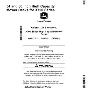 Peut inclure: Manuel d'utilisation blanc pour les plateaux de tondeuse haute capacit&eacute; de la s&eacute;rie X700. La couverture comprend le texte "54 et 60 pouces de plateaux de tondeuse haute capacit&eacute; pour la s&eacute;rie X700" et le logo John Deere.