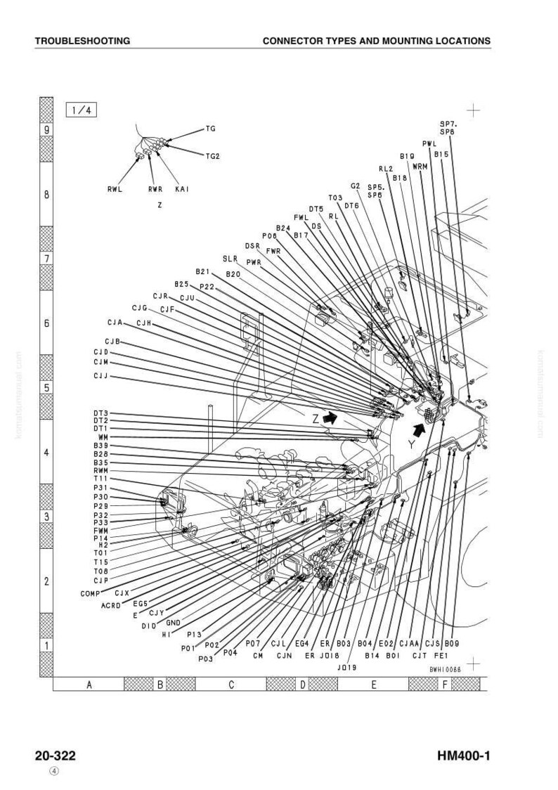 May include: Diagram of connector types and mounting locations for troubleshooting. The image is a detailed technical illustration with numerous lines, labels, and component identifiers, including letters and numbers.