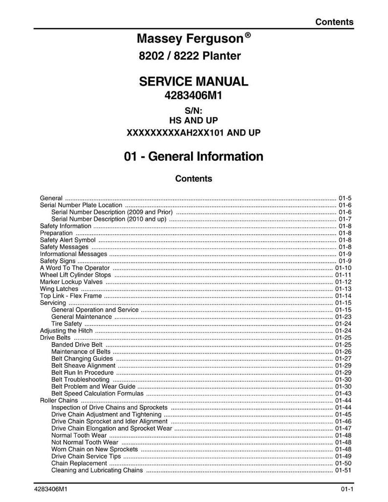 Puede incluir: Un manual de servicio para la sembradora Massey Ferguson 8202/8222. La portada muestra el t&iacute;tulo, la informaci&oacute;n del modelo y una tabla de contenidos. El manual incluye secciones sobre informaci&oacute;n general, servicio y mantenimiento.