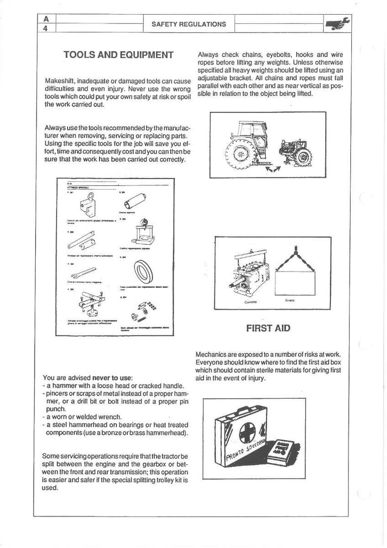 May include: A page from a safety manual with the title "Tools and Equipment" and illustrations of tools and machinery. The text advises on safe practices and first aid procedures.