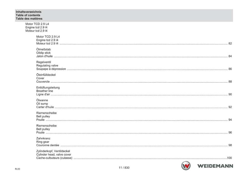 May include: A white page featuring a table of contents in German, English, and French. The table lists engine components including "Oil sump" and "Cylinder head, valve cover." The Weidemann logo is in the bottom right corner.