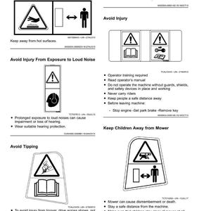 May include: A page of safety labels with black and white graphics. The labels warn about hot surfaces, injury, loud noise exposure, tipping, and keeping children away from mowers. Text accompanies each graphic.