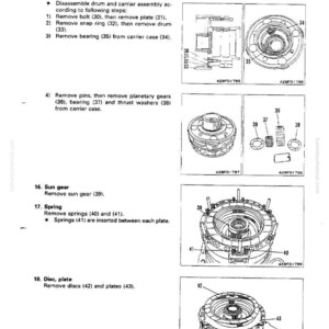May include: Diagram of transmission disassembly and assembly steps, including removing bolts, plates, snap rings, bearings, and gears. Includes detailed illustrations with numbered components for clarity. Text includes "DISASSEMBLY AND ASSEMBLY" and "TRANSMISSION".