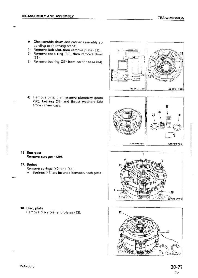 May include: Diagram of transmission disassembly and assembly steps, including removing bolts, plates, snap rings, bearings, and gears. Includes detailed illustrations with numbered components for clarity. Text includes "DISASSEMBLY AND ASSEMBLY" and "TRANSMISSION".