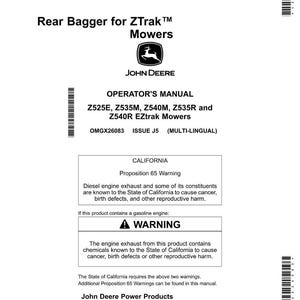 May include: White operator's manual for ZTrak mowers, featuring the John Deere logo. The manual includes warnings about diesel engine exhaust and gasoline engine exhaust, as required by California's Proposition 65.