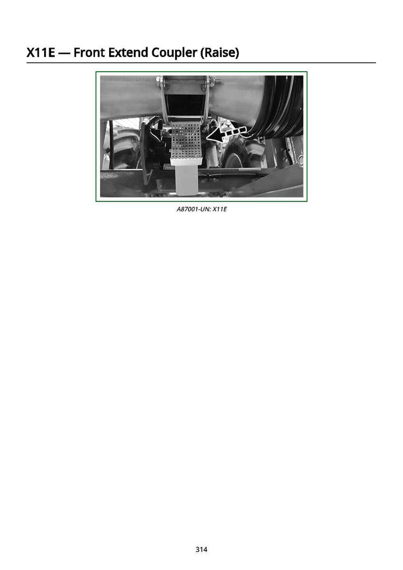 May include: Black and white image of a front extend coupler, labeled "X11E - Front Extend Coupler (Raise)". The image includes the text "A87001-UN: X11E". The coupler appears to be part of a larger agricultural machine.