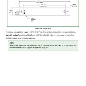 May include: Diagram of a support strap, DFEX1874A, with measurements in inches and millimeters. The strap is 21-1/16 inches long and has two holes. The diagram includes text about materials and screw sizes.