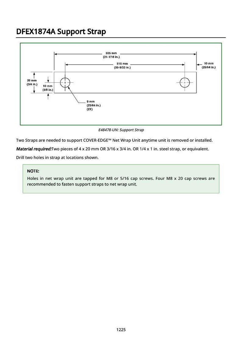 May include: Diagram of a support strap, DFEX1874A, with measurements in inches and millimeters. The strap is 21-1/16 inches long and has two holes. The diagram includes text about materials and screw sizes.