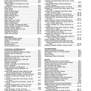 May include: A page from a manual with a table of contents, detailing maintenance and service procedures for agricultural machinery. The text includes topics like lubrication, adjustments, and troubleshooting.