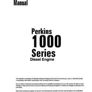 May include: A white shop manual with the text "Shop Manual" at the top. The manual's title is "Perkins 1000 Series Diesel Engine" in bold black font. The document includes copyright information and other details.
