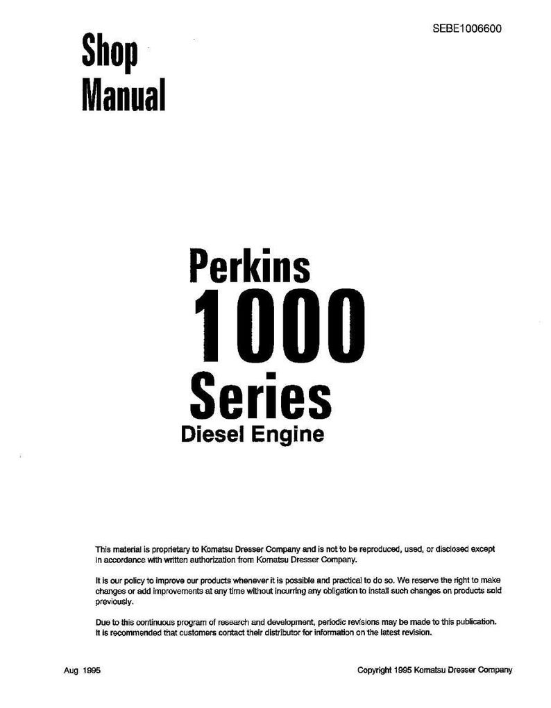 May include: A white shop manual with the text "Shop Manual" at the top. The manual's title is "Perkins 1000 Series Diesel Engine" in bold black font. The document includes copyright information and other details.