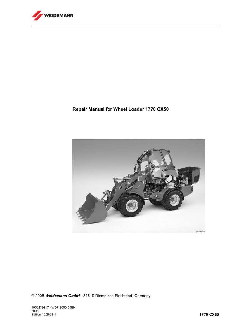 May include: A black and white image of a Weidemann 1770 CX50 wheel loader, with a repair manual title. The loader features a front bucket and is designed for construction or agricultural tasks. The image also includes the Weidemann logo and company details.