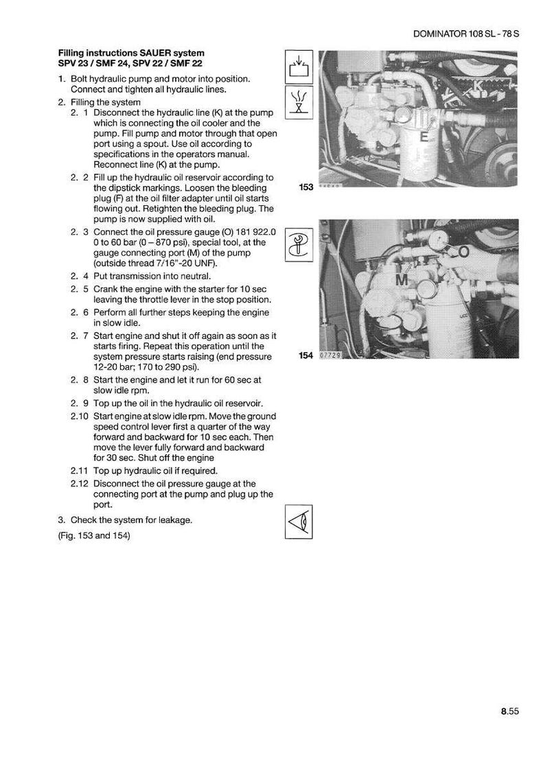 Puede incluir: Diagrama de un sistema hidr&aacute;ulico con instrucciones de llenado y mantenimiento. Incluye im&aacute;genes de componentes como una bomba, un filtro de aceite y un man&oacute;metro. El texto proporciona instrucciones paso a paso.