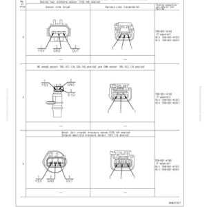 May include: Diagram of engine sensors and connectors, including crankcase pressure, ambient pressure, and dosing fuel pressure sensors. The image shows sensor and harness sides with pin configurations and part numbers.