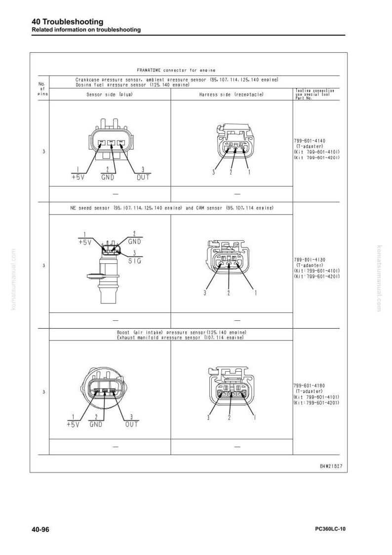 May include: Diagram of engine sensors and connectors, including crankcase pressure, ambient pressure, and dosing fuel pressure sensors. The image shows sensor and harness sides with pin configurations and part numbers.