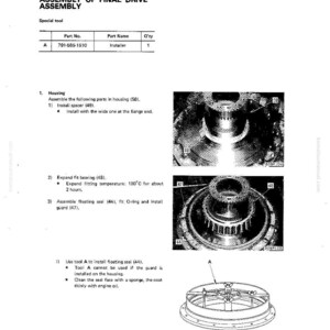 May include: A technical diagram titled "ASSEMBLY OF FINAL DRIVE ASSEMBLY" with detailed instructions and illustrations. The diagram includes part numbers, part names, and assembly steps, with a focus on mechanical components and their installation.