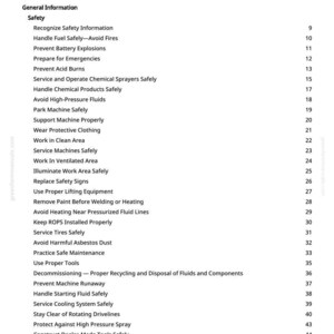 May include: A white page titled "Table of Contents" from a manual. The table lists safety topics such as "Handle Fuel Safely," "Prevent Battery Explosions," and "Wear Protective Clothing." The page number is visible at the bottom.