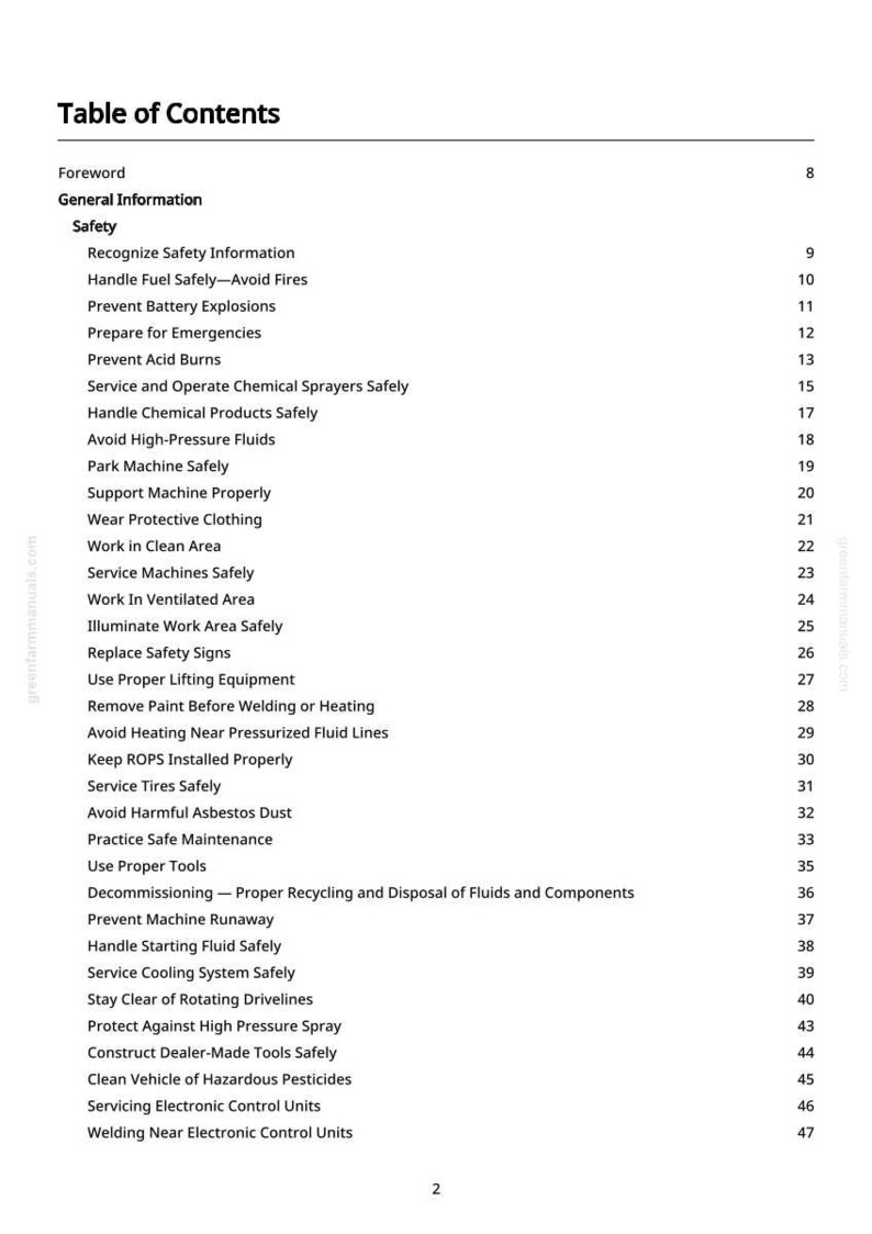 May include: A white page titled "Table of Contents" from a manual. The table lists safety topics such as "Handle Fuel Safely," "Prevent Battery Explosions," and "Wear Protective Clothing." The page number is visible at the bottom.