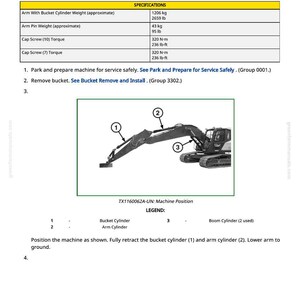 May include: Technical diagram titled "Arm Remove and Install" with specifications for an excavator. Includes weights in pounds and torque measurements in lb-ft. The diagram shows an excavator with labeled parts.