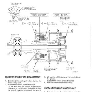 May include: Diagram of a drive axle and brake assembly, with detailed illustrations and torque specifications in Newton-meters and foot-pounds. Includes instructions for disassembly and precautions.