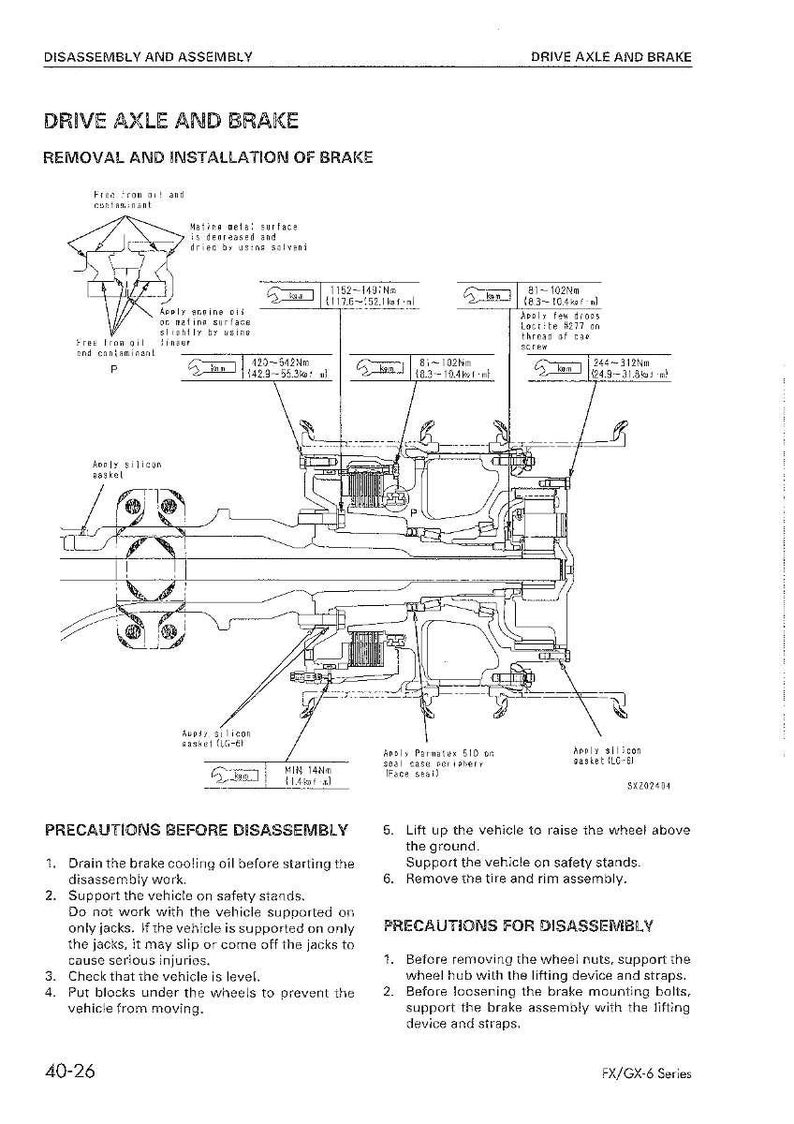May include: Diagram of a drive axle and brake assembly, with detailed illustrations and torque specifications in Newton-meters and foot-pounds. Includes instructions for disassembly and precautions.