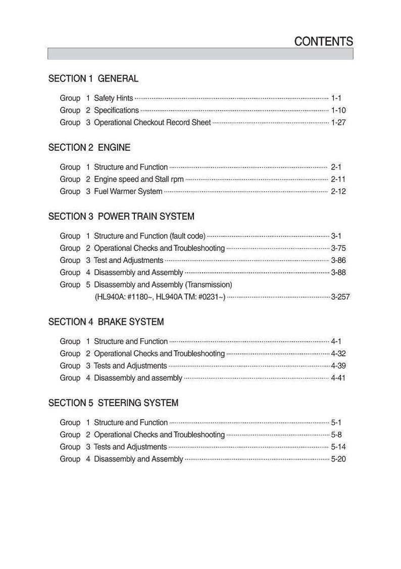 May include: A detailed table of contents from a manual, with sections on general information, engine, power train, brake, and steering systems. The text is black on a white background, with section titles and page numbers.